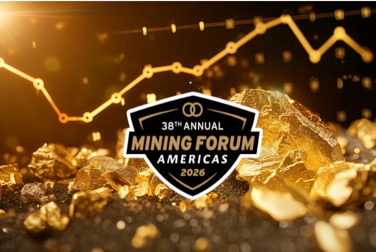 38th Annual Mining Forum Americas 2026 badge over gold nuggets